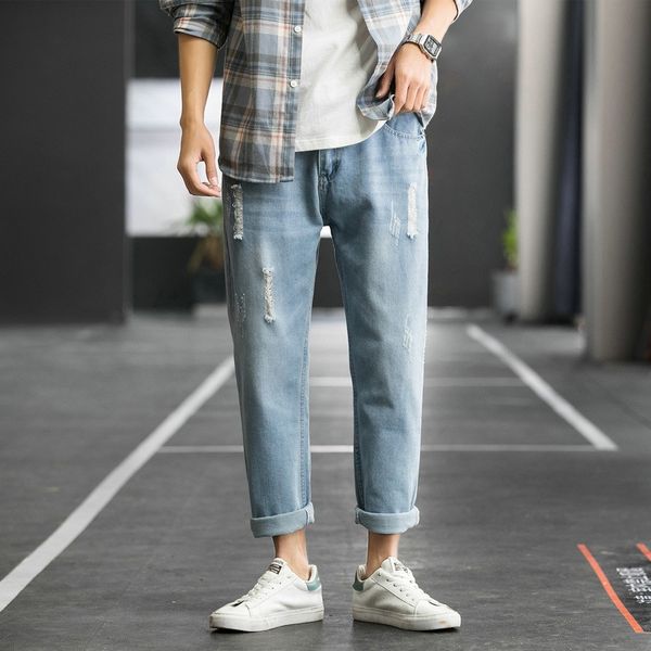 

fashion personality korean style summer worn ankle-length washed jeans thin trendy br new cotton straight jeans and jeanspants and jeanspant, Blue