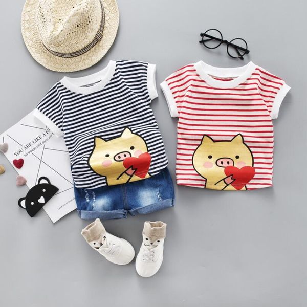 

summer boys girls short sleeve cartoonthe pig baby print stripe t-shirt +denim shorts casual outfits clothes kg-213, Pink;blue