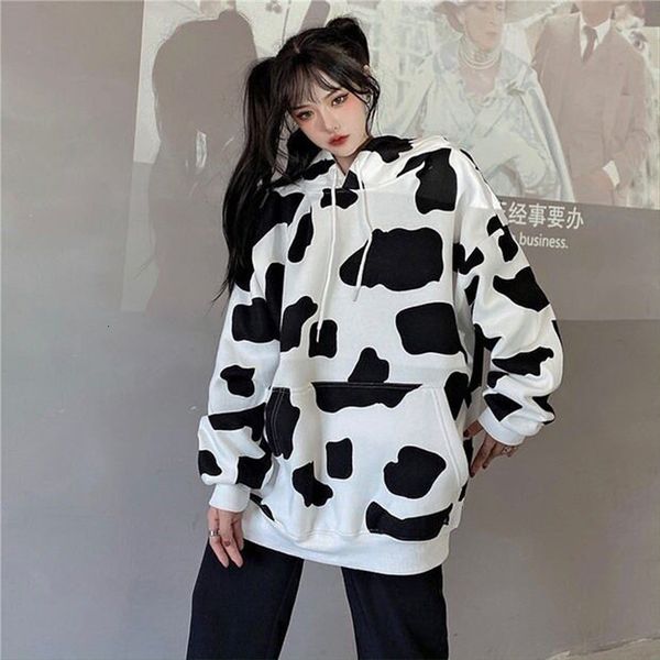 

cow print harajuku autumn winter thick pure cotton hooded fashion female hoodie sweatshirts oversized hoodies, Black
