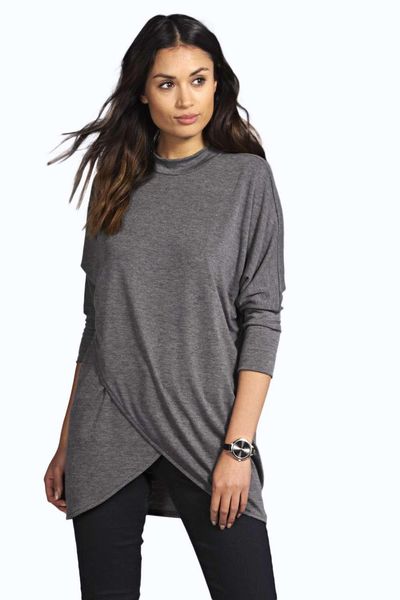 

autumn new loose large women's bat sleeve v-hem crew neck t-shirt for women, White