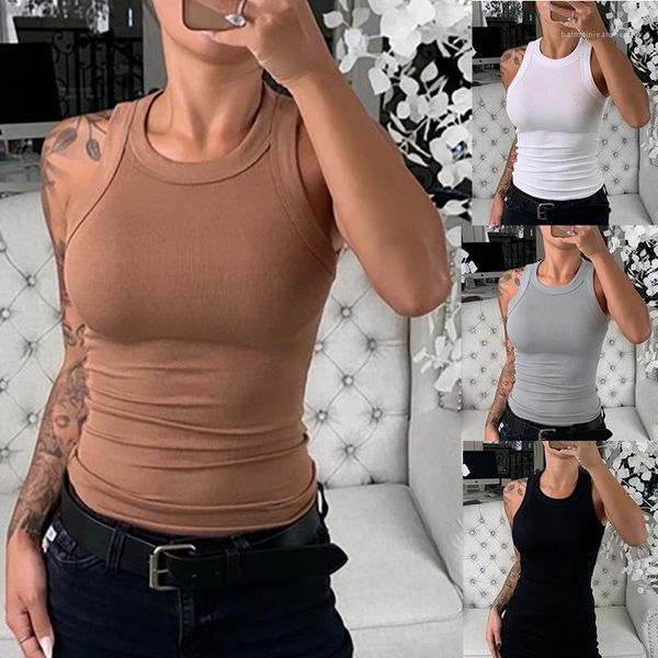 

multi color summer women sleeveless tshirts solid color womens tank casual slim o neck elastic camis tees, White