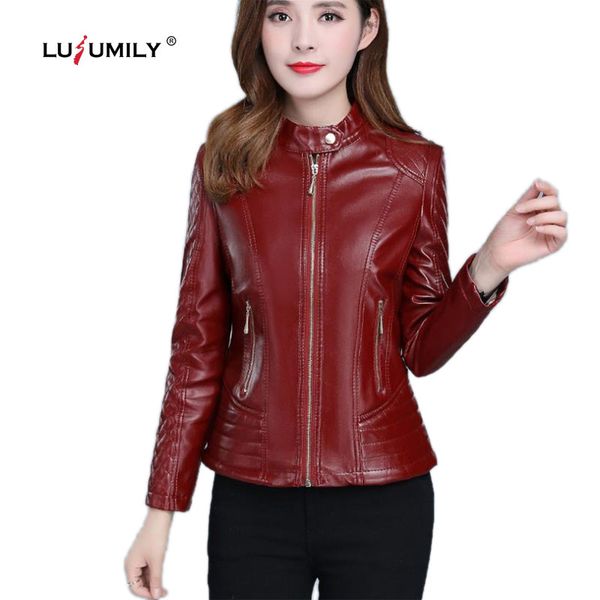 

women's leather & faux lusumily jacket women korean short slim -6xl plus size pu coat patchwork fashion fishtail jackets female, Black
