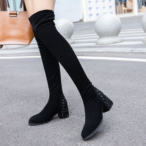 

the knee thigh high boots metal rivet thick high heels shoes woman elastic flock long botas nice women slim slip on over, Black