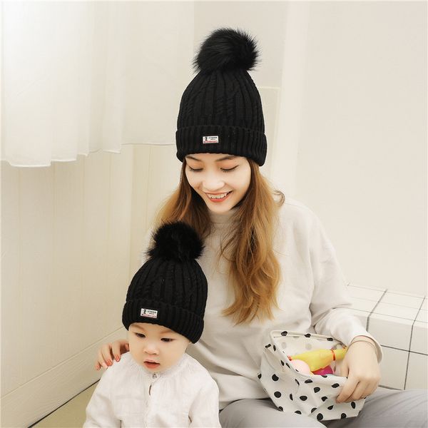 

parent kid beanie hats womens baby warm winter knit beanie solid color wool hats for kids mom new casual fur ball, Blue;gray