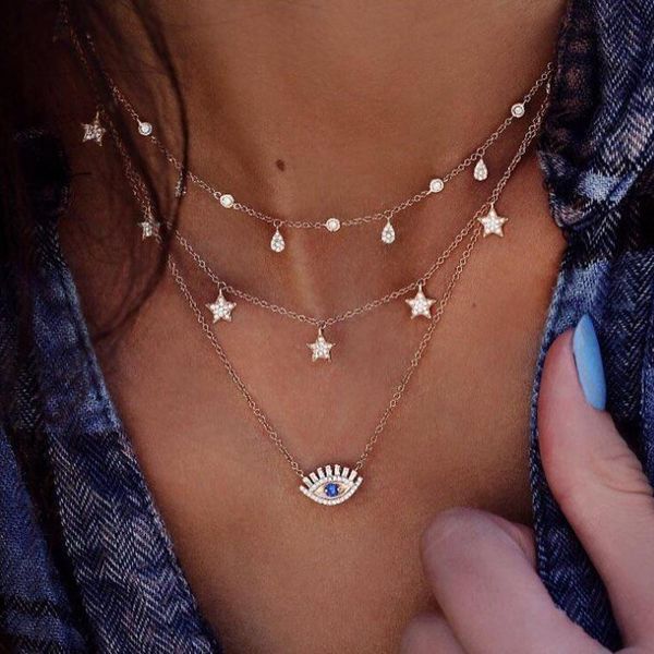 

pendant necklaces boho vintage multi layered crystal turkish eye star necklace fashion gold color choker for women, Silver