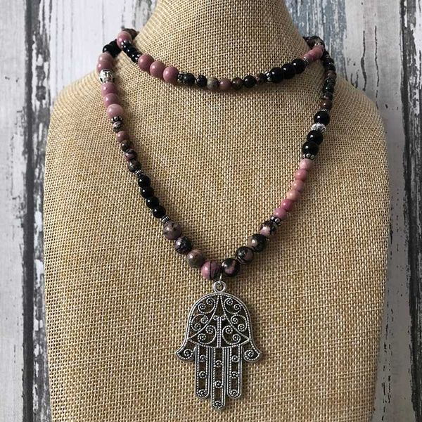 

tennis mala chain 108 beads hamsa buddha necklace onyx rhodonite yoga wrist energy healing stone meditation bracelet or, Golden;silver
