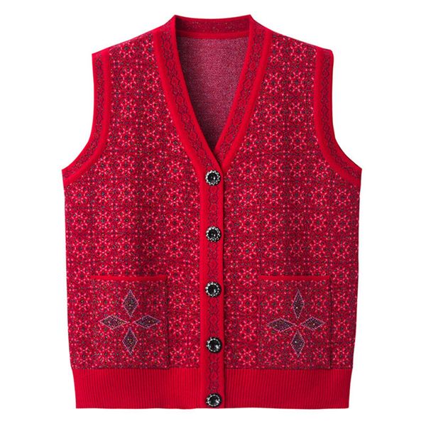 

knitted sweater vest cardigan middle-aged and elderly women's sweater waistcoat spring autumn sleeveless coat plus size 4xl k110, White