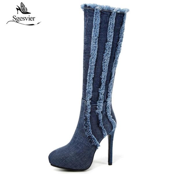 

sgesvier blue denim knee high boots for women round toe high heels shoes woman thin heels winter warm fur zipper boots ox874, Black