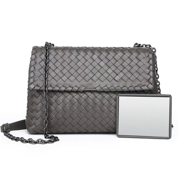 

women knitted leather shoulder bag chain strap soft designer female messegner bag shoulder carry sac with mirror