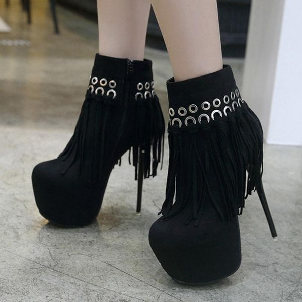 

sarairis 2020 new design super high heels fetish boots women shoes zip up fringe platform ankle women boots ladies footwear, Black