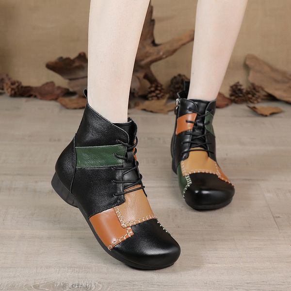 

oukahui autumn new vintage ankle boots for women genuine leather mixed colours lace-up leather ladies flat ankle boots woman zip, Black