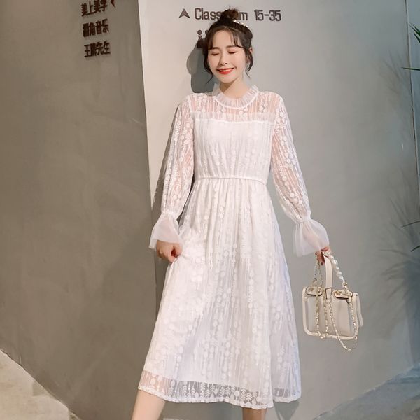 

sweet maternity autumn clothes long flare sleeve loose pregnant women fairy lace dress high waist pregnancy dress with lining white