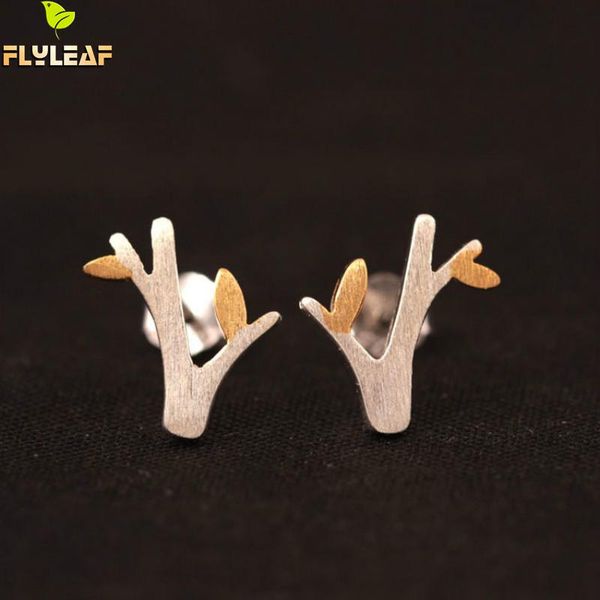

flyleaf 925 sterling silver matte style tree leaves stud earrings for women elegant lady sterling-silver-jewelry, Golden;silver