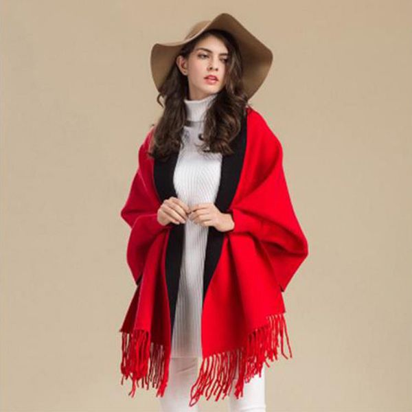 

scarves women winter poncho with sleeve shawls and wraps red thicken scarf stoles femme hiver warm reversible ponchos capes, Blue;gray