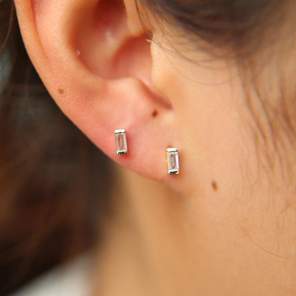 

tiny delicate gold color girl jewelry single stone baguette cubic zirconia studs 2*4mm cz zirconia minimalist earring, Silver