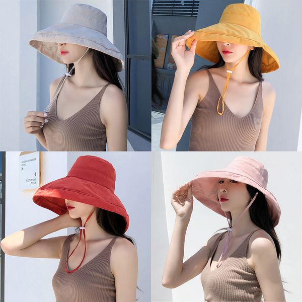 

summer lady solid color fisherman hat with large eaves outdoor sun shade hat folding beach, Blue;gray