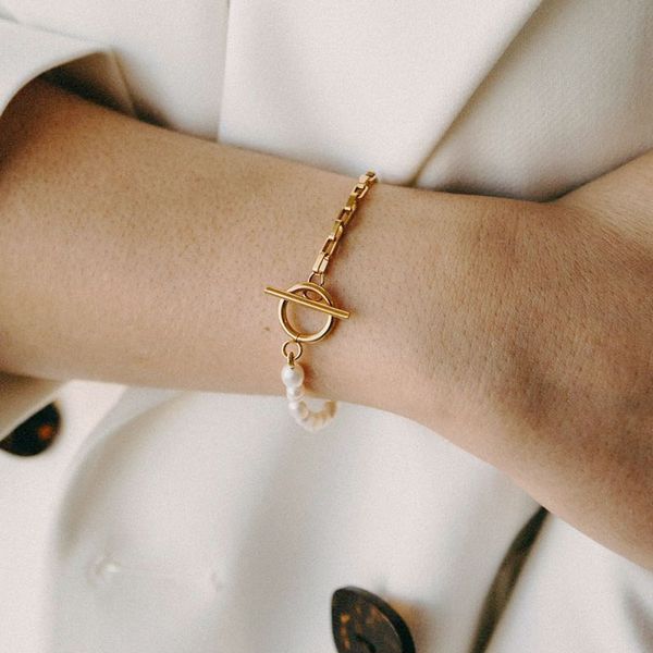 

charm bracelets women punk stainless steel chain bracelet natural pearls with ladies summer fashion arm jewelry wholesale gifts, Golden;silver