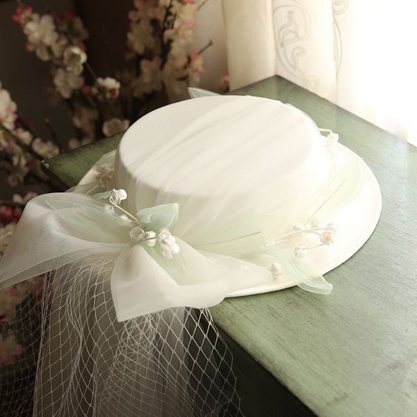 

stingy brim hats 2021 paris fashion ladies wedding hat white mesh flower jazz long gauze bride horse race party headwear, Blue;gray