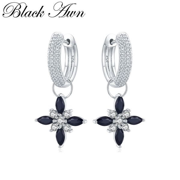 

black awn classic 100% genuine 925 sterling silver jewelry black spinel stone party hoop earrings for women bijoux femme ii078, Golden;silver