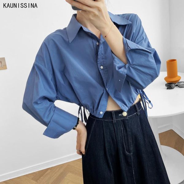 

autumn korean style short blouse shirts long-sleeved turn-down collar drawstring lady's crop shirt street style chic blouses, White