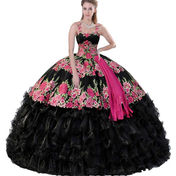 Quinceanera-Kleid mit zwei breiten Trägern und Quasten, Blumenmuster, Boho-Chic-Applikation, Kaskadenrüschen, Stufenrock, Quittenkleid aus dem 15. 15. Jahrhundert in Mexiko