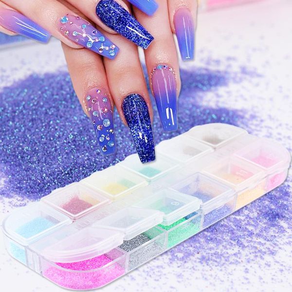

12 grids nail glitter mermaid aurora pigment holographic dipping powder set manicure gel polish dust nail art decorations jiry-1, Silver;gold