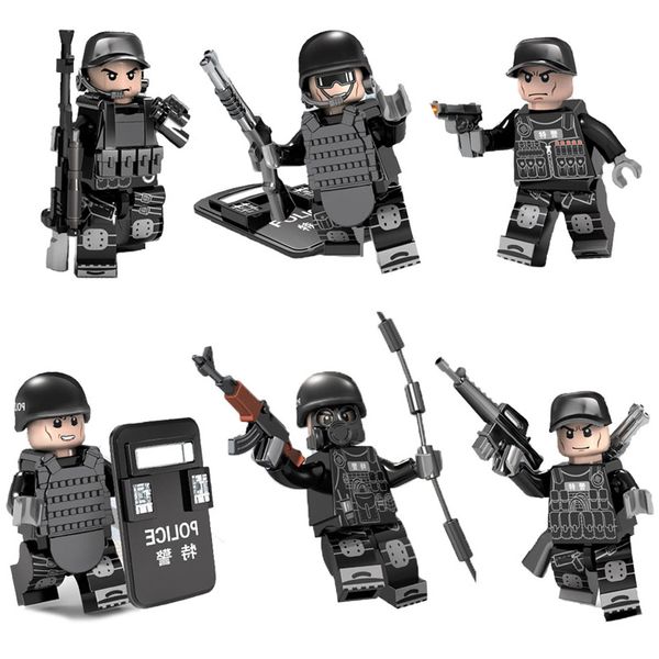 

6pcs lot moc swat action figure with weapons military special forces tactics assault policeman building block bricks toy for kid boy