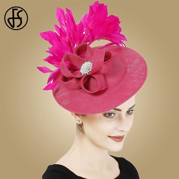 

fs large brim fascinator for women elegant hat rose wedding feather fedora party flower pillbox hats, Blue;gray