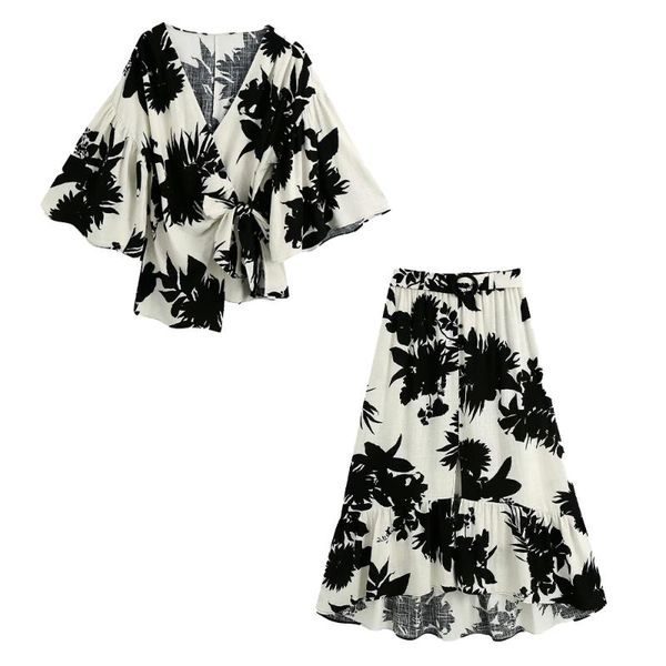 

2020 new summer women two piece set printed v-neck tied & midi skirt with belt asymmetric hem ensemble femme chandal mujer, Gray
