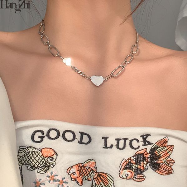 

hangzhi 2020 new sweet glossy heart necklace silver color titanium steel link chain choker collar for women girls jewelry, Golden;silver