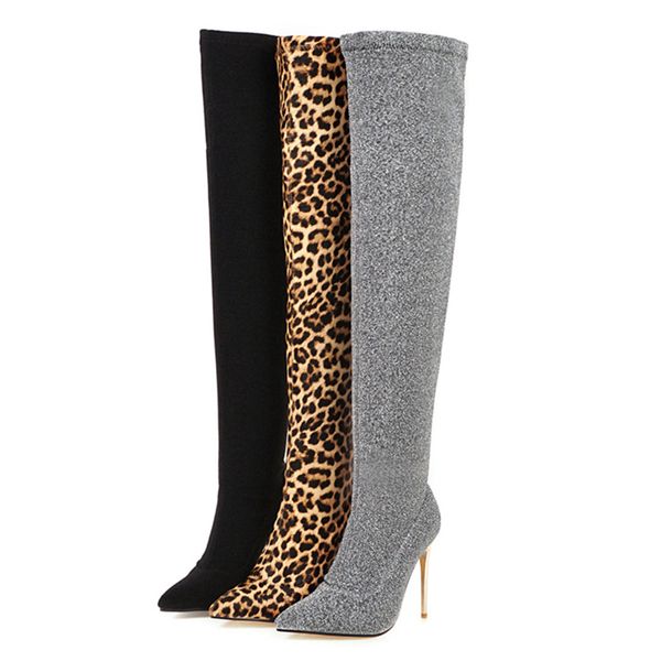 

2020 women over the knee sock boots 10cm high heels long winter stretch leopard snow boots lady thigh stripper fetish shoes 200916, Black
