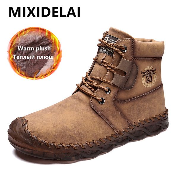 

2020 winter men ankle boots plush warm snow boots fashion flat lace-up men's outdoor motorcycle big size 38-48, Black