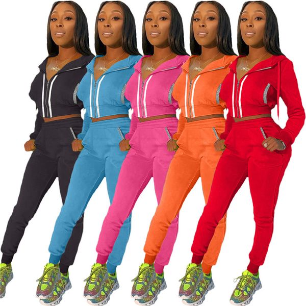 

casual women jogging suit fashion reflective stripe long sleeve cardigan 2 piece set women designer clothes 2020, Gray