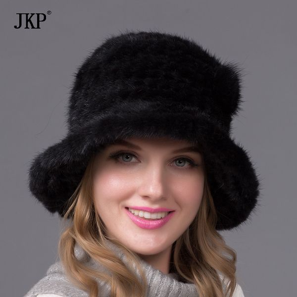 

genuine knitted real hat with a flower natural cap warm beanies, Blue;gray