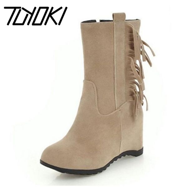 

tuyoki new women high heels boots tassels shoes woman fur winter mid calf boots inside heels short footwear size 34-43, Black