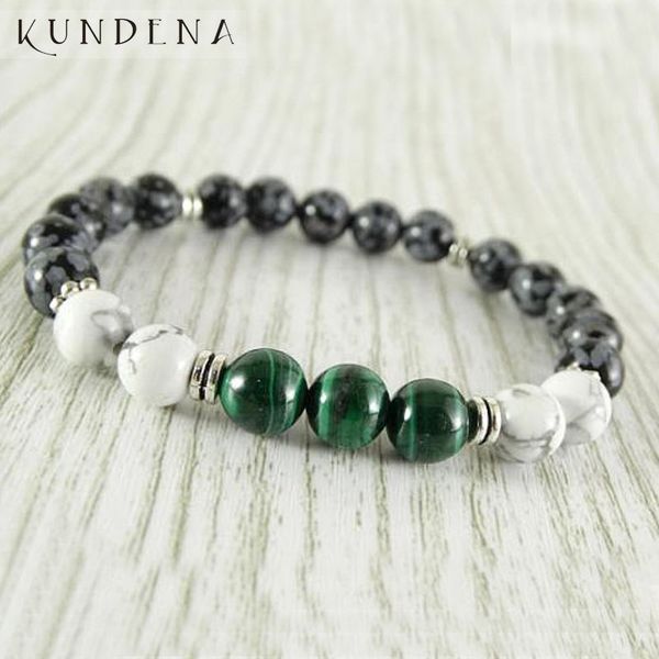 

tennis natural stone mala bracelet for men malachite & howlite snowflake beaded healing wrists stretch, Golden;silver