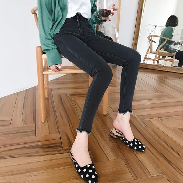 

slim jeans women skinny high waist stretch black jeans 2020 spring summer ankle length irregular frayed pants plus size, Blue