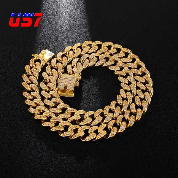 

us7 copper with iced out rhinestones necklace 12mm heavy miami cuban link chain gold color fashion hip hop jewelry for men, Silver