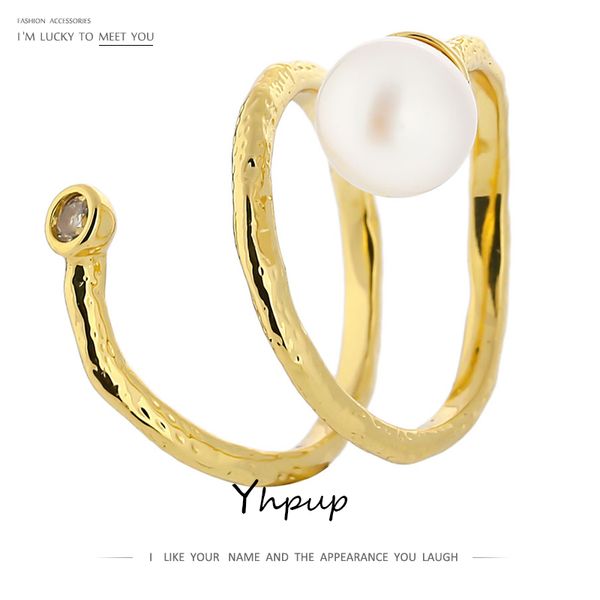 

yhpup trendy metal twisted finger ring luxury freshwater pearls jewelry new design geometric ring for women anillos mujer gift, Golden;silver