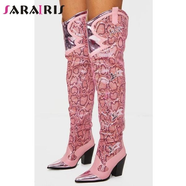 

boots sarairis big size 35-43 female pink print over the knee women pointed toe thick high heels thigh shoes woman, Black