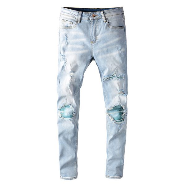 

men's light blue patchwork ripped biker jeans streetwear slim skinny holes distressed stretch denim pants