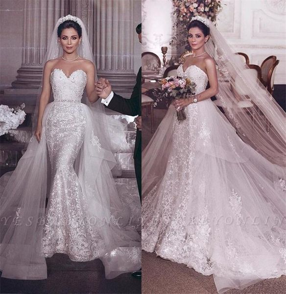 

vintage full lace 2020 wedding dresses crystal beading overskirts long formal bridal gowns sweetheart neck plus size vestidos de novia, White
