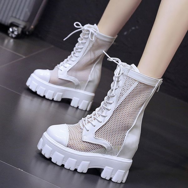 

summer new sandals boots women hollow outs net boots black increasing height shoes pu leather sandals breathable 10cm high heels