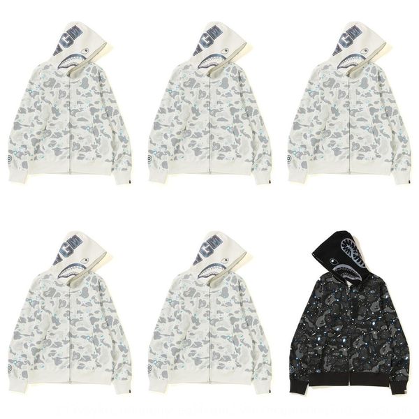 

tide hoodie brand shark sweater luminous starry sky camouflage hooded zipper tide coat hoodie brand shark sweater luminous star, Black