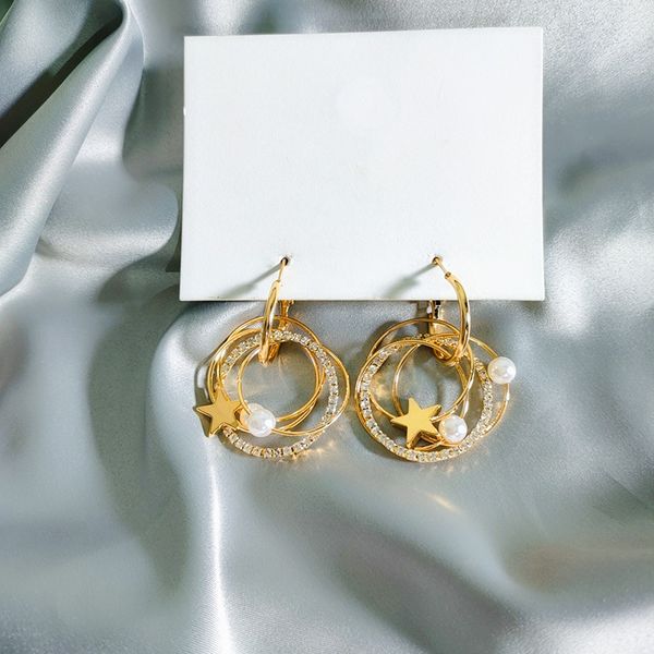 

2020 new fashion temperament multilayer metal circles women earrings contracted fine crystal stars pearl drop earrings jewelry, Silver