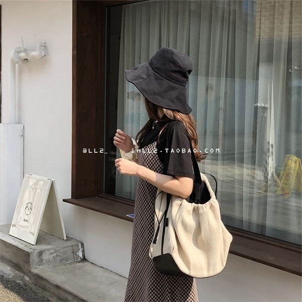 

2020 new hit color drawstring linen canvas bag fashion all-match handbag bag female large capacity travel