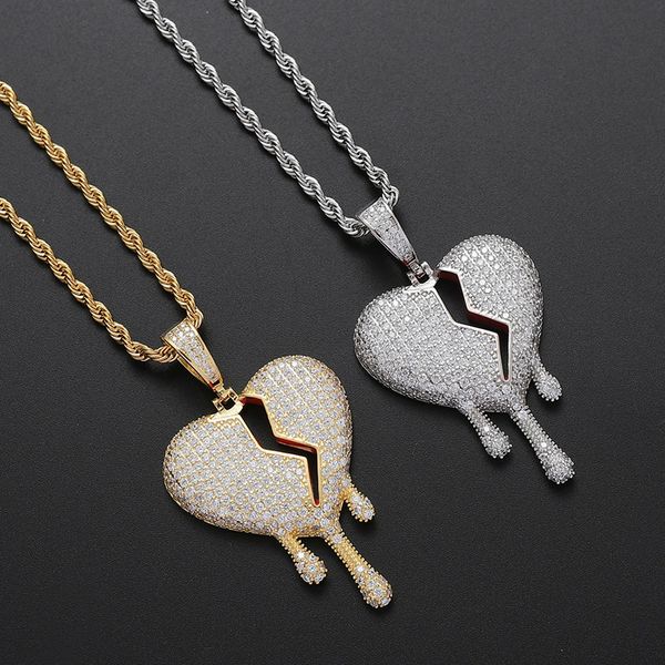 

hip hop micro paved cubic zirconia bling iced out broken heart pendants necklace for men rapper jewelry drop shipping, Silver