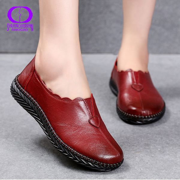 

aimeigao 2020 casual genuine leather loafers ladies autumn heart-shaped cowhide shoes women sewing round toe slip-on flats woman, Black