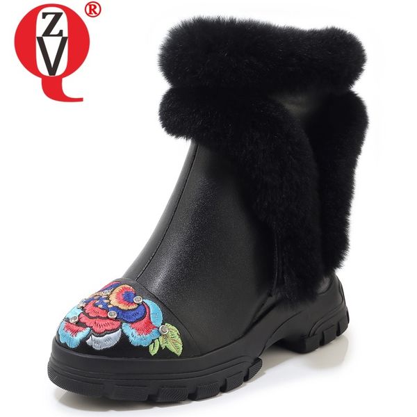 

zvq winter new warm snow boots outside high heels platform embroider zip women boots genuine leather women shoes drop shipping, Black