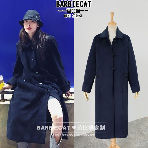 

winter thick turn down collar woolen coat women single breasted straight wool blends coat, Black